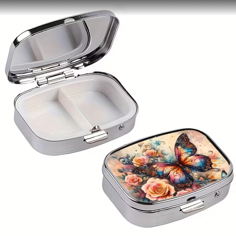 Whimsical Butterfly Peach Roses Multi-Use Mirrored Pill Box Container - Picture 2 of 6